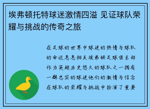 埃弗顿托特球迷激情四溢 见证球队荣耀与挑战的传奇之旅